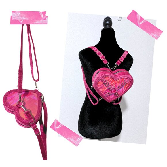 Club Exx x Dolls Kill Holographic Hot Pink Heart Harness Rave Crossbody Bag - Picture 2 of 2